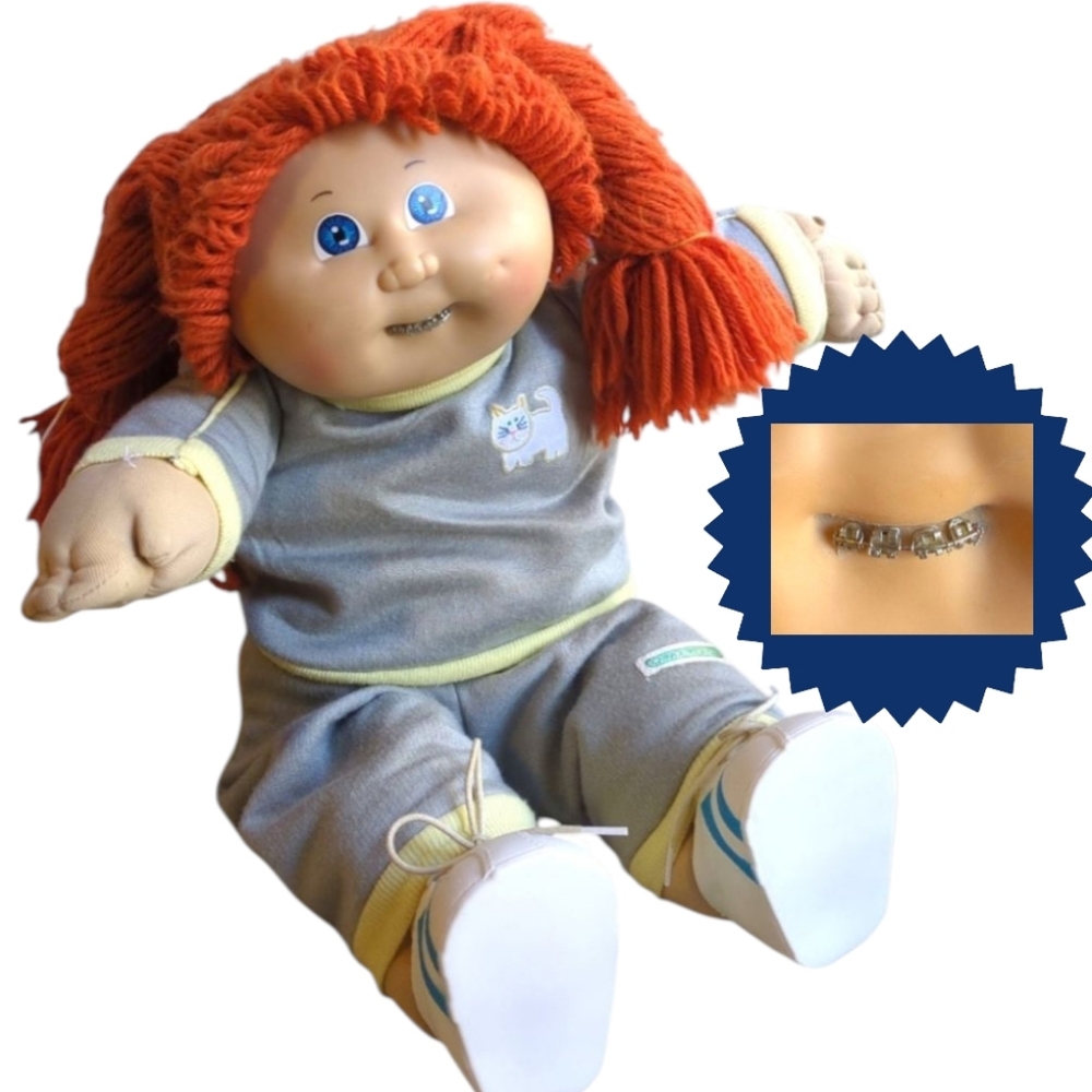 Braces Cabbage Patch Doll, Custom Vintage rare 80s redhead blue eye baby, braids
